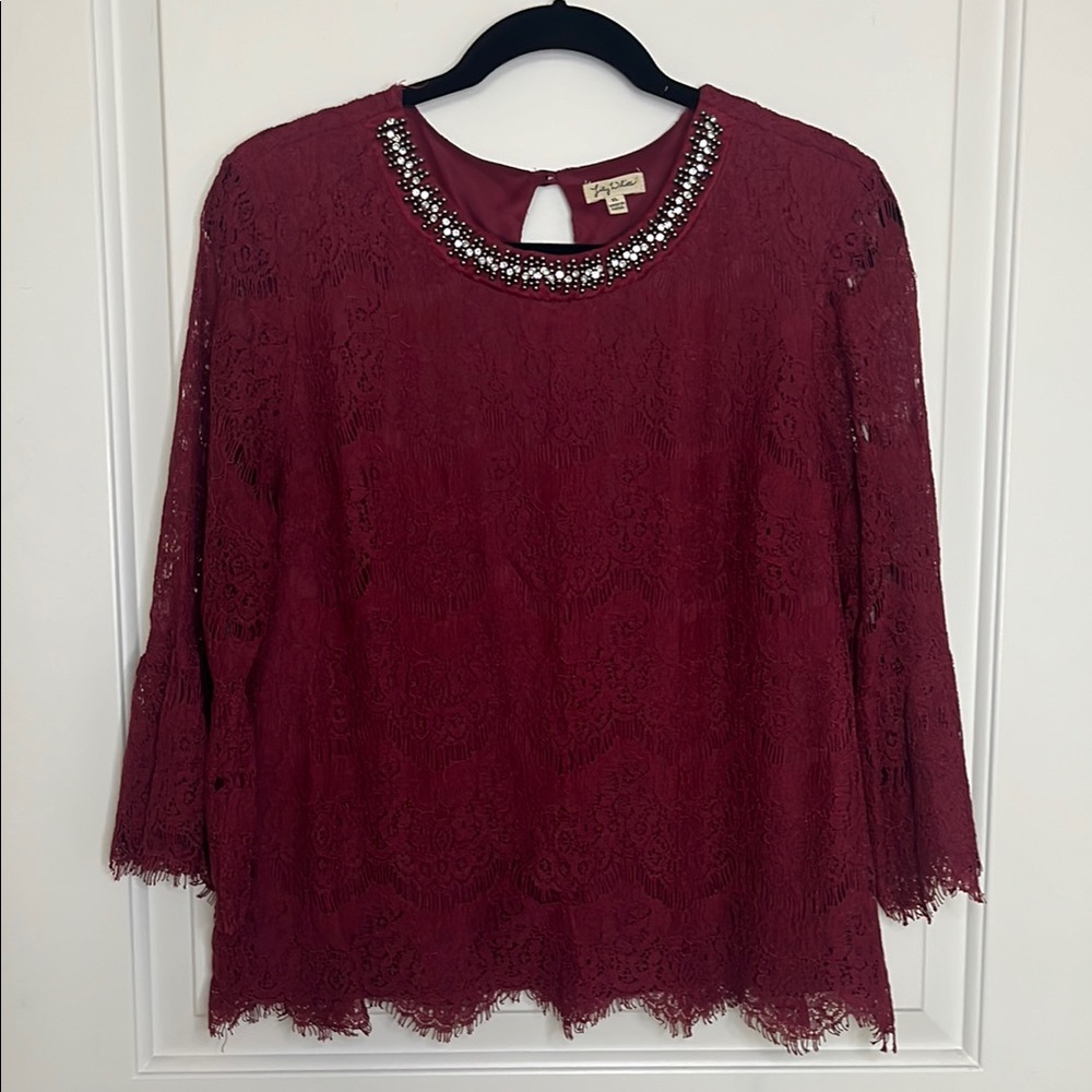 Lily White Red Embellished Bell Sleeve Blouse